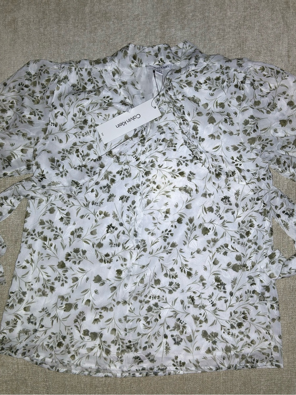 Calvin Klein White Blouse with Olive Floral Print Cottagecore - Picture 10 of 14
